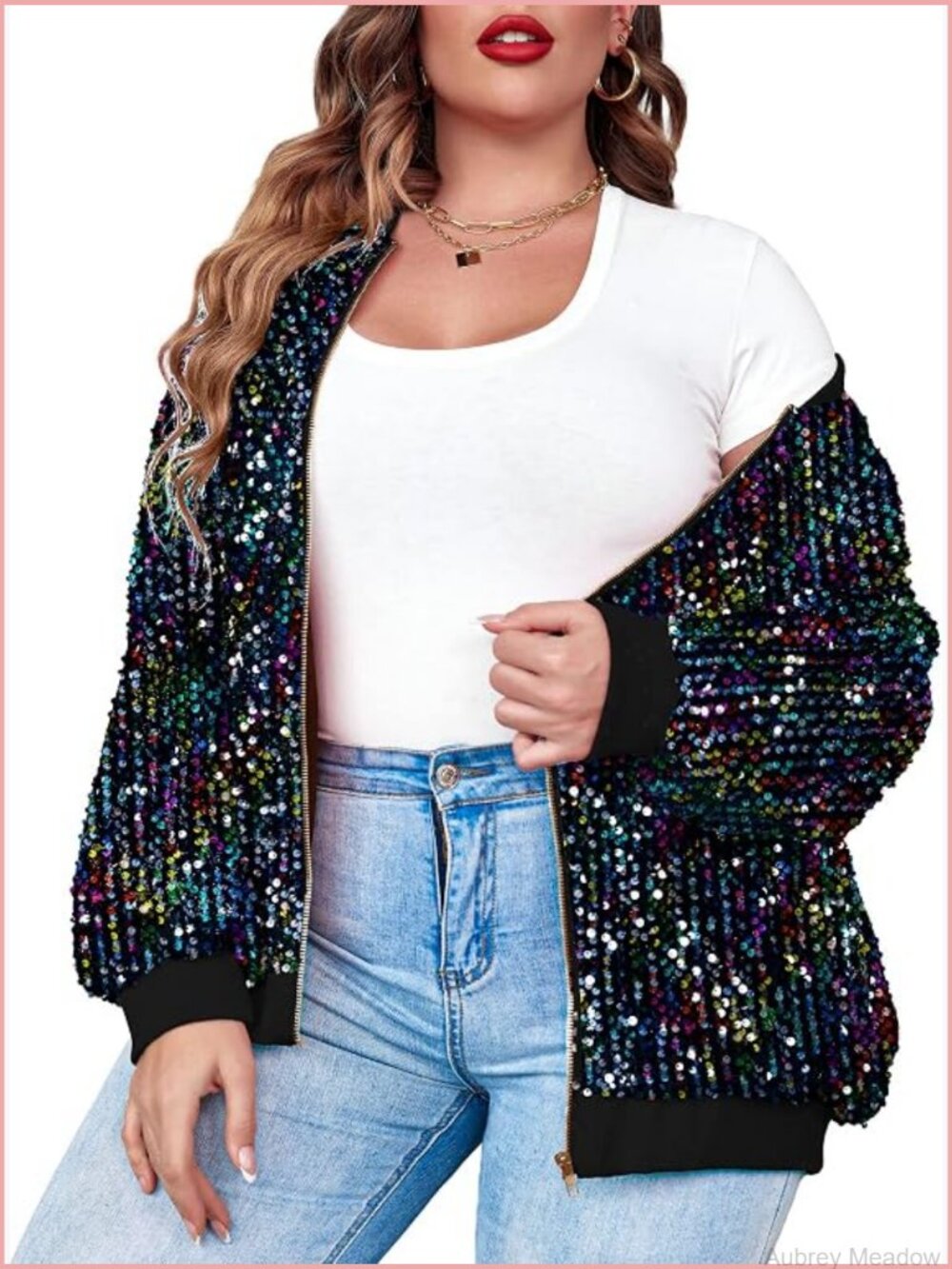 Plus Size Sequin Bomber Jacket Long Sleeve Front Zip Blazer with Pockets